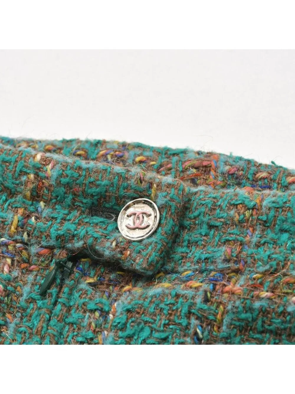 Chanel Tweed Flare Pants CC Logo Green Multicolor